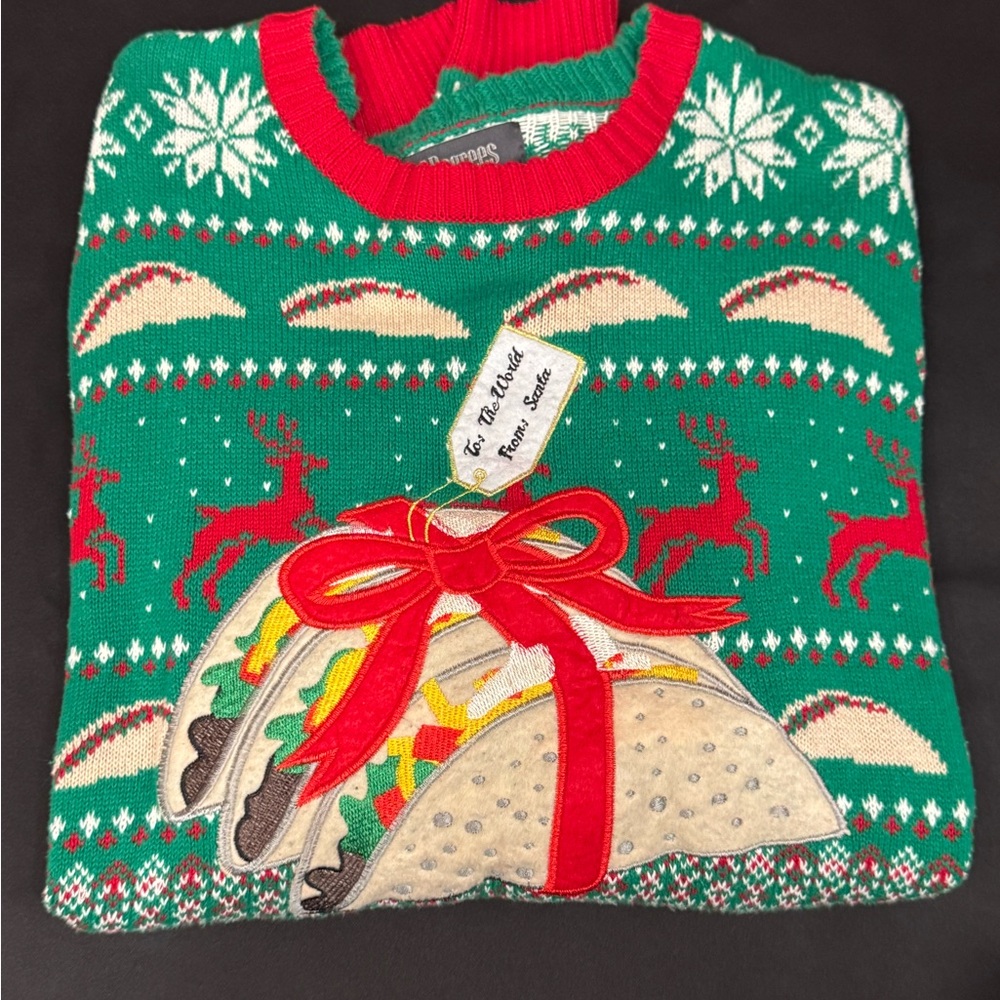 Holiday Green Sweater with Taco and Reindeer Design